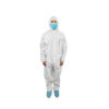 Person in a white hooded protective coverall, blue face mask, and blue shoe covers standing against a plain background Person in a white hooded protective coverall, blue face mask, and blue shoe covers standing against a plain background
