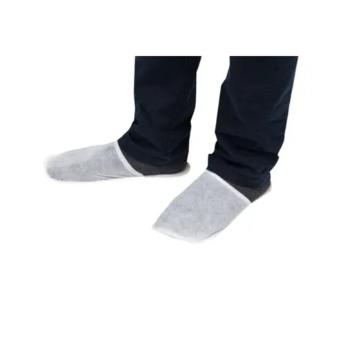 White protective shoe covers are shown in a clean product-style view.