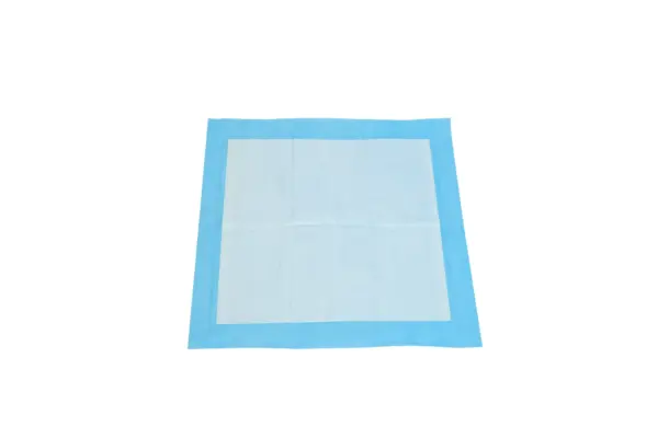 Blue disposable absorbent underpad with a large white quilted center panel, laid flat against a plain white background.