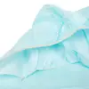 Close-up of light blue disposable protective gown material with elastic cuffs and gathered seams on a white background.