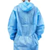 Blue hooded disposable coverall viewed from behind Person seen from behind wearing a blue hooded disposable coverall with elastic cuffs and waist against a white background.