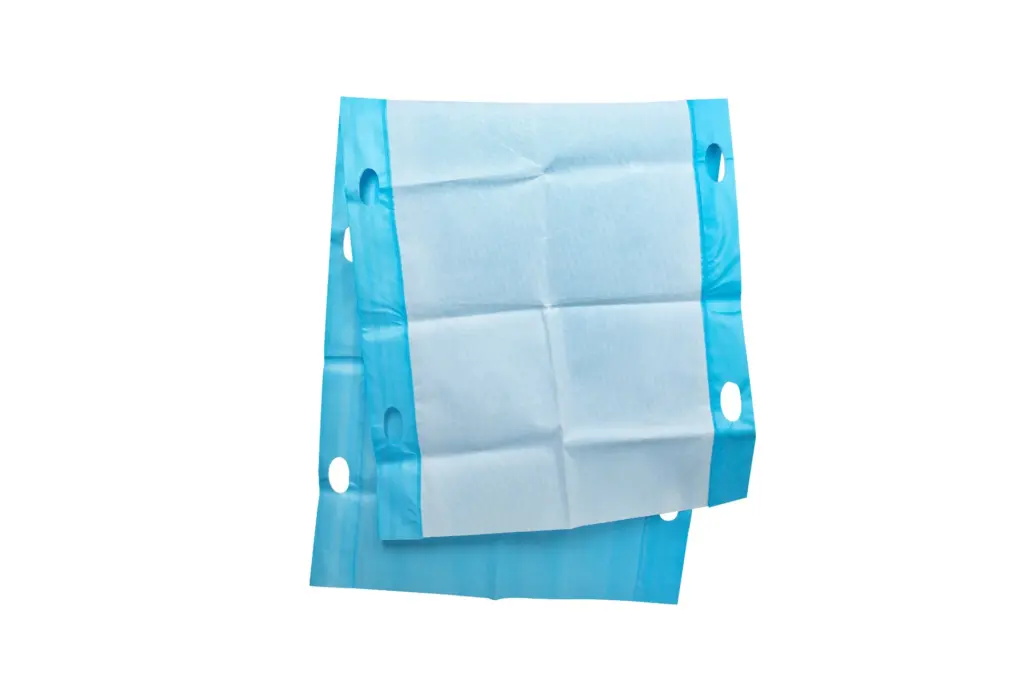Blue rectangular mesh panel with reinforced turquoise edges, stitched seams, and several oval openings on a white background