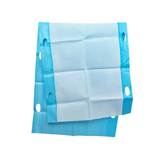 Blue mesh panel with reinforced edges Blue rectangular mesh panel with reinforced turquoise edges, stitched seams, and several oval openings on a white background