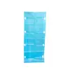 Blue perforated plastic sheet on a white background Blue rectangular plastic sheet with folded seams and eight oval openings along both sides, shown flat against white