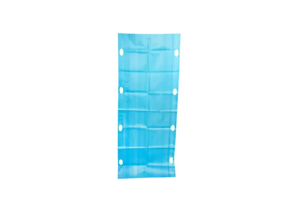 Blue perforated plastic sheet on a white background Blue rectangular plastic sheet with folded seams and eight oval openings along both sides, shown flat against white