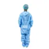 Back view of blue protective coverall Person viewed from behind wearing a blue disposable protective coverall, hair cap, and covered footwear on white background.