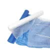 Blue and white rolled nonwoven fabric overlap on a white background, with translucent material spread across the lower frame.