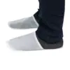 White disposable shoe covers worn indoors White disposable shoe covers protect dark footwear as a person stands against a plain white background