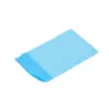 A folded light blue rectangular plastic sheet lies diagonally on a white background, with layered edges visible at one end.