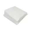 A neatly folded stack of soft white fabric rests against a plain white background, showing layered edges and smooth texture.