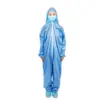 Healthcare worker wearing full protective coverall Healthcare worker standing against a white background in a blue hooded protective coverall, face mask, and shoe covers.