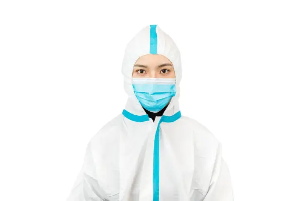 Healthcare worker in protective suit and face mask Healthcare worker wearing a white hooded protective coverall with blue seams and a blue surgical mask against white background.