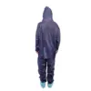 Back view of hooded protective coverall Person shown from behind wearing a dark blue hooded protective coverall with matching trousers and light blue shoe covers.