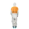 Hooded white protective coverall with orange panel Person shown from behind wearing a white hooded protective coverall with an orange upper panel, reflective stripe, and blue shoe covers.