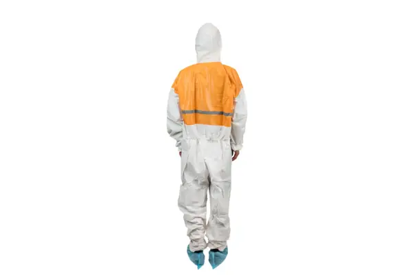 Hooded white protective coverall with orange panel Person shown from behind wearing a white hooded protective coverall with an orange upper panel, reflective stripe, and blue shoe covers.