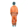 Back view of orange reflective protective coverall Person seen from behind wearing an orange protective coverall with reflective bands, blue hair cover, and shoe covers.