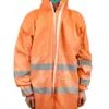 Orange reflective coverall worn against a white background Person wearing an orange hooded protective coverall with silver reflective bands and a blue face mask on white