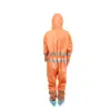 Rear view of orange reflective protective coverall Person shown from behind wearing an orange hooded protective coverall with silver reflective bands and blue shoe covers.
