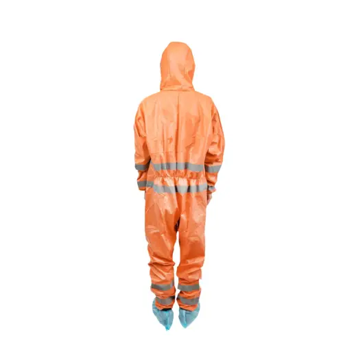 Rear view of orange reflective protective coverall Person shown from behind wearing an orange hooded protective coverall with silver reflective bands and blue shoe covers.