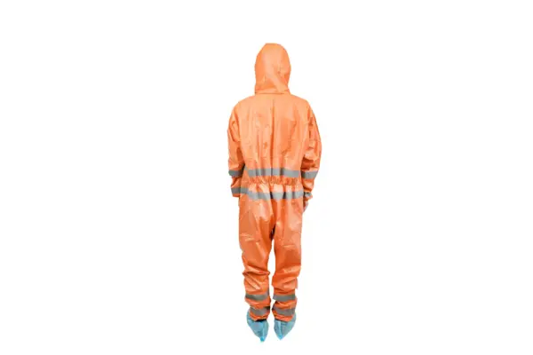 Rear view of orange reflective protective coverall Person shown from behind wearing an orange hooded protective coverall with silver reflective bands and blue shoe covers.