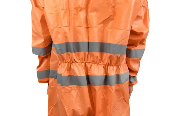 Orange protective coverall with reflective bands Cropped orange protective coverall featuring wide gray reflective bands, elastic cuffs, and a gathered waist against white