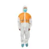 Worker in an orange and white protective coverall Person wearing an orange and white protective coverall, face mask, hood, and blue shoe covers against a white background.