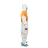 Orange and white protective coverall in profile Person in an orange and white protective coverall, blue face mask, hood, and shoe covers shown in side profile