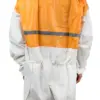 Back view of orange and white protective coveralls Person seen from behind wearing orange and white protective coveralls with a dark reflective stripe on a white background.
