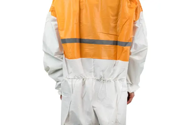 Back view of orange and white protective coveralls Person seen from behind wearing orange and white protective coveralls with a dark reflective stripe on a white background.