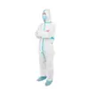 Worker in protective suit and face mask Person standing with folded arms in a white protective coverall, blue surgical mask, and blue shoe covers.
