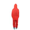 Back view of a red hooded protective coverall Person seen from behind wearing a bright red hooded protective coverall with long sleeves and blue shoe covers.