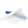 Two rolls of lightweight fabric, one white and one blue, shown partly unrolled with translucent white material spread out.