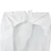 White disposable protective coverall with a gathered hood and long sleeves, displayed flat against a plain background.