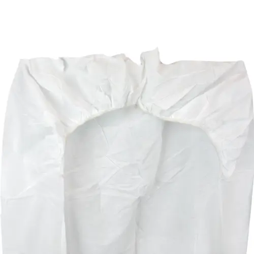 White disposable protective coverall on a plain background White disposable protective coverall with a gathered hood and long sleeves, displayed flat against a plain background.