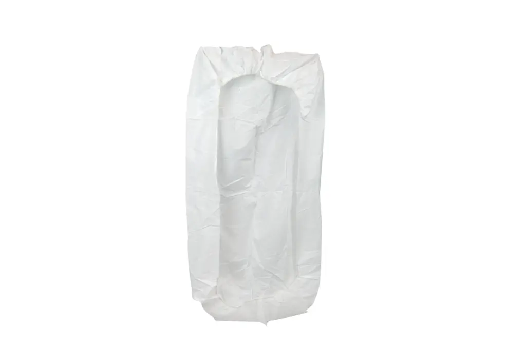 White disposable protective coverall with an attached hood and long sleeves, shown laid flat against a plain white background.