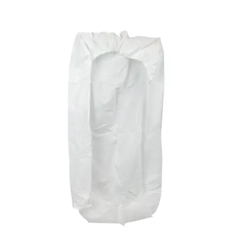 White disposable protective coverall with an attached hood and long sleeves, shown laid flat against a plain white background.