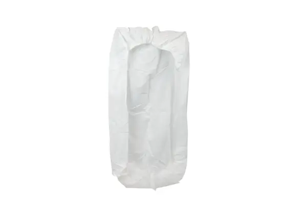 White disposable protective coverall with an attached hood and long sleeves, shown laid flat against a plain white background.