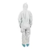 White hooded protective coverall viewed from behind Person wearing a white hooded protective coverall with elastic cuffs and blue shoe covers, shown from behind