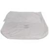 A white mattress or padded bedding item wrapped in a fitted protective cover with permanent protection text.