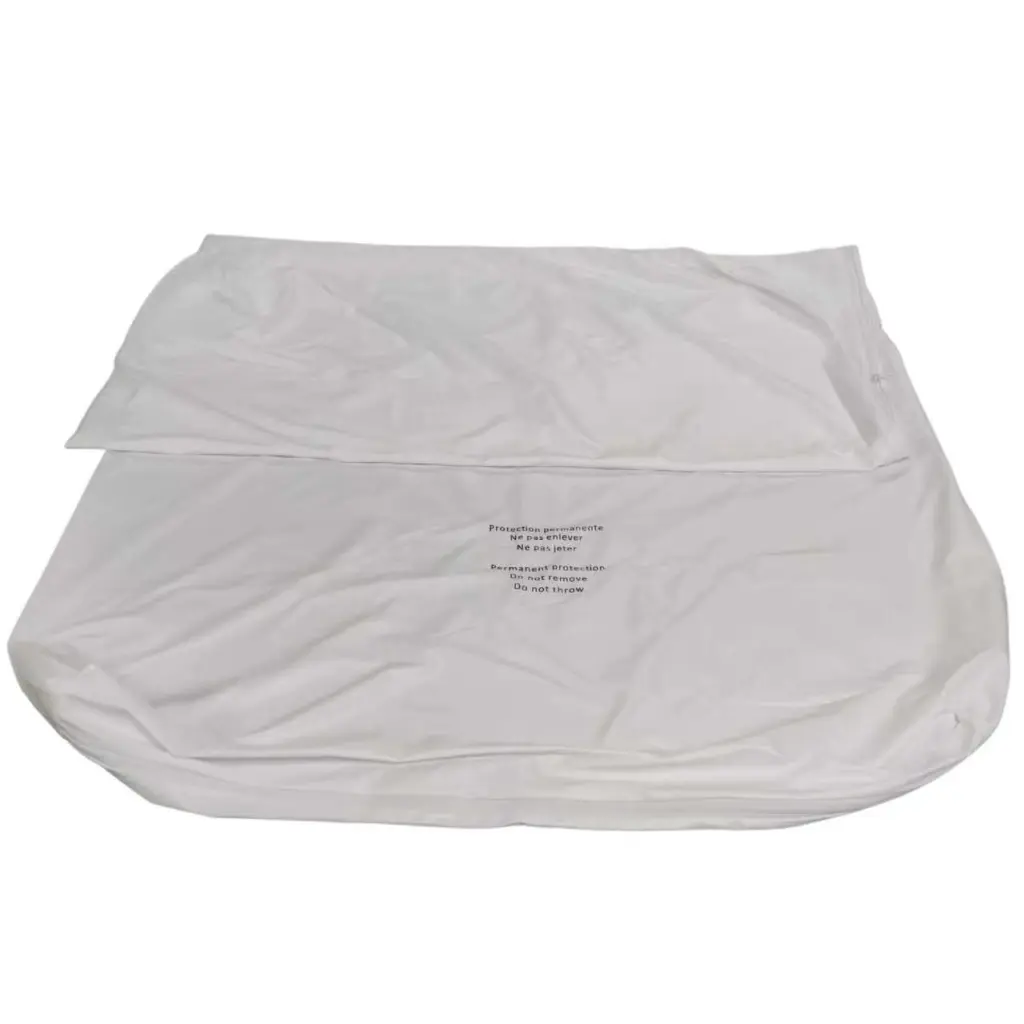 A white mattress or padded bedding item wrapped in a fitted protective cover with permanent protection text.