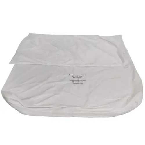 White mattress enclosed in a protective cover A white mattress or padded bedding item wrapped in a fitted protective cover with permanent protection text.