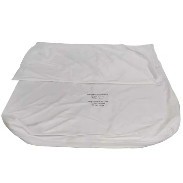 A white mattress or padded bedding item wrapped in a fitted protective cover with permanent protection text.