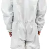 Back view of a white protective coverall Person seen from behind wearing a loose white protective coverall with an elastic waist and gathered sleeves