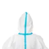 Back view of white protective coverall with blue seams Person seen from behind wearing a white hooded protective coverall with bright blue taped seams against a plain background.