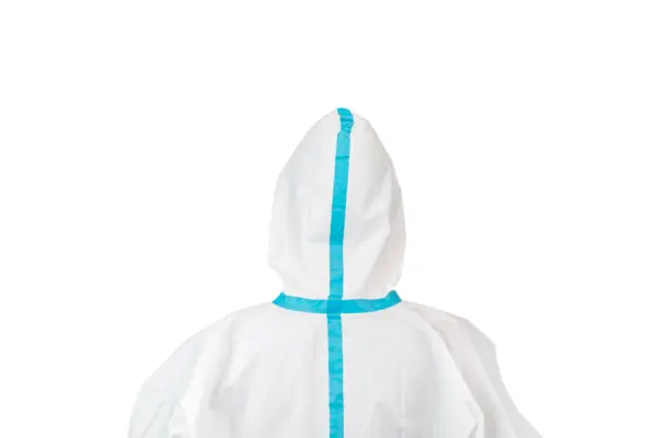 Back view of white protective coverall with blue seams Person seen from behind wearing a white hooded protective coverall with bright blue taped seams against a plain background.