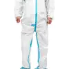 White protective coverall with blue sealed seams Person standing against a white background wearing a white full-body protective coverall with bright blue taped seams.