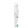Protective coverall worn in side profile Person in a white protective coverall with blue mask and shoe covers stands in side profile against a plain background.