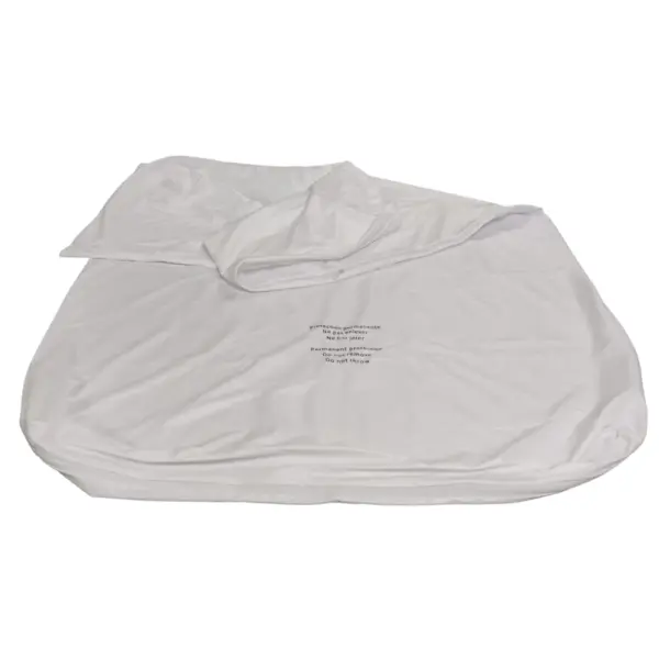 White fabric protective cover with a folded opening and printed care instructions, shown flat against a plain background