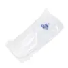 White folded textile product sealed in clear plastic packaging, featuring a small blue printed logo on the surface