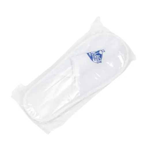 White textile item in clear protective packaging White folded textile product sealed in clear plastic packaging, featuring a small blue printed logo on the surface